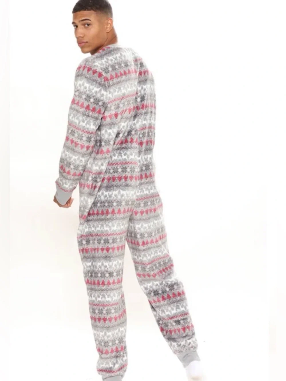 Grey and Pink Fair Isle Zip-Front Pajama Onesie